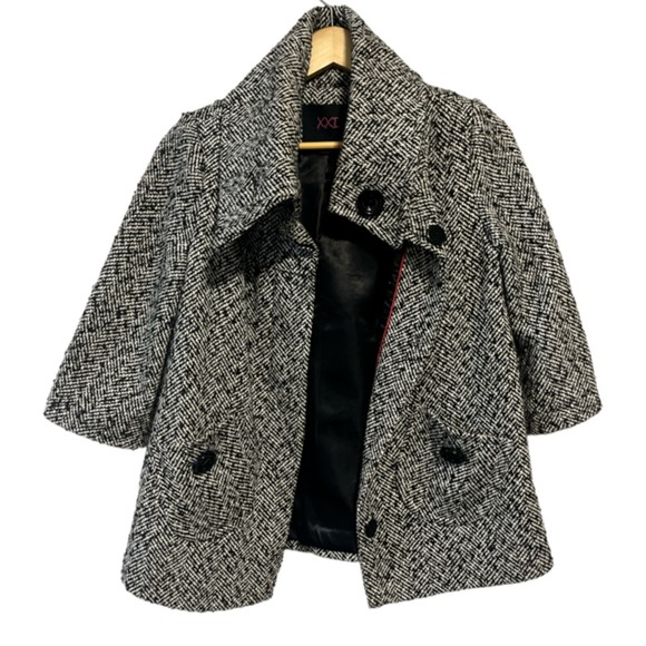 XXI Women's Black White 3/4 Sleeve Lined Tweed Coat Jacket Size Small Flare Knit - Picture 2 of 11